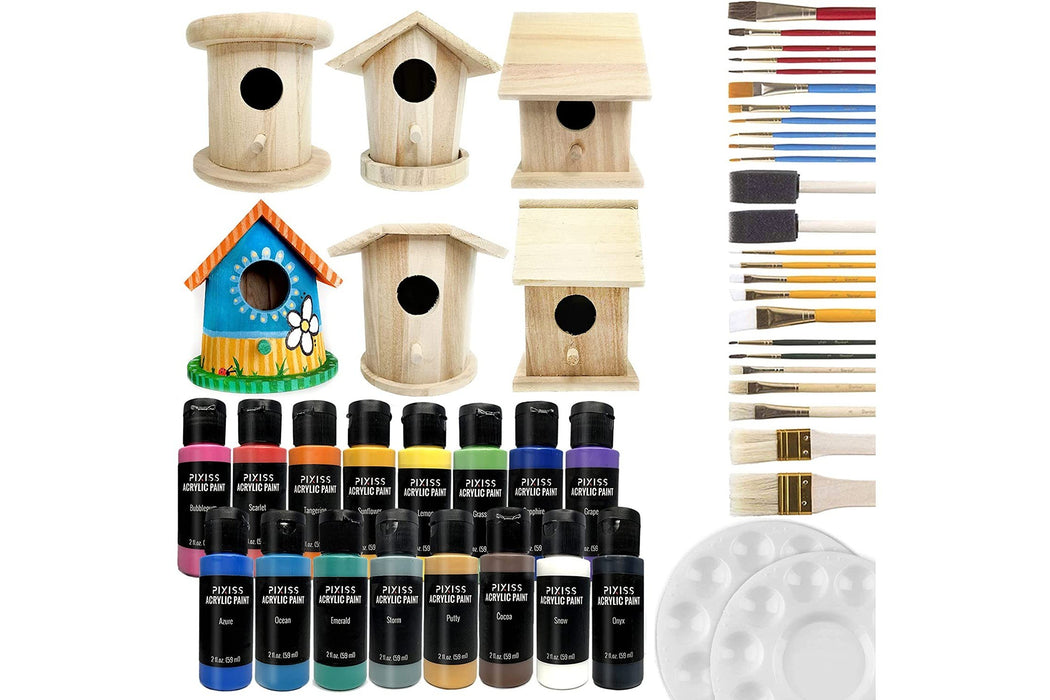 Pixiss Birdhouse Craft Bundle - 6 Unfinished Pixiss Wood Birdhouses (5-7 Inches), 16x 2-Ounce Pixiss Acrylic Paints, 25 Assorted Brush Set, 2X Palettes