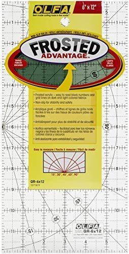 OLFA 6" x 12" Frosted Advantage Acrylic Ruler (QR-6x12) - Non Slip 6x12 Inch Acrylic Ruler with Grid & Angle Markings for Quilting, Sewing, Cutting Fabric, & Crafts