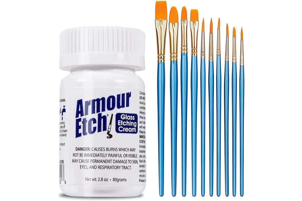 Armour Etch Etching Cream for Glass - Glass Etching Kit with 2.8oz Armour Etch and 10 Pixiss Application Brushes