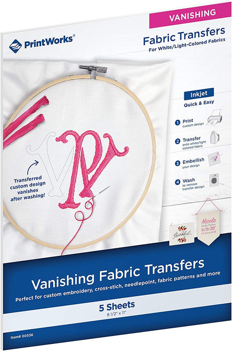 Print Works Vanishing Embroidery Transfers, for White/Light-Colored Fabrics, 5 Sheets, Inkjet, 8.5 x 11 (00536)