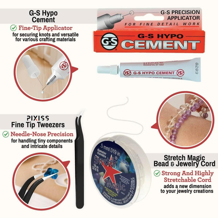 GS Hypo Cement Glue for Jewelry Making (9 ml) with Stretch Magic Cord (.5mm x 10m) and Precision Tweezers - Jewelry Making Tools, Elastic String and Adhesive Bundle for Beads, Bracelets, and Necklaces