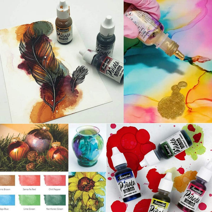 Jacquard Pinata 10 Color Bundle Alcohol Ink New 2019 Colors Golden Yellow, Pink, Coral, Blue Violet, Teal, Copper, Brass, Pearl, Shadow Grey, Burro Brown, with 10X Pixiss Blending Tools