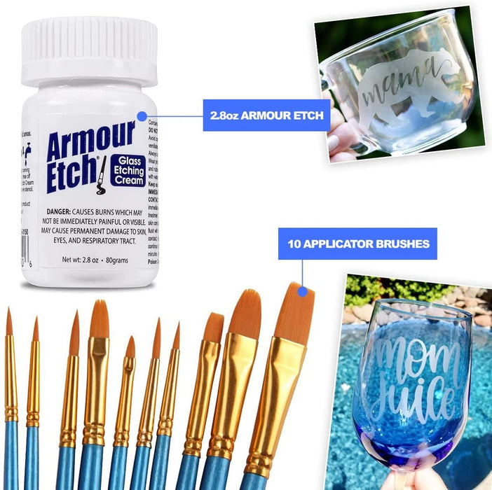 Armour Etch Etching Cream for Glass - Glass Etching Kit with 2.8oz Armour Etch and 10 Pixiss Application Brushes