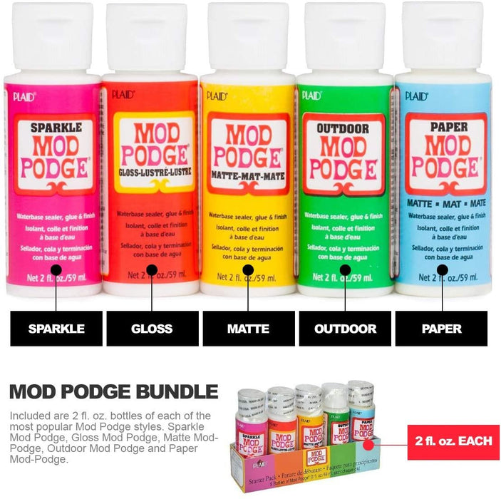 Mod Podge Waterbase Sealer, Glue and Finish Starter Pack with Sparkle, Gloss, Matte, Outdoor and Paper (2-Ounces each), Pixiss Accessory Kit with Brayer, Brushes, Gloves, Spreaders