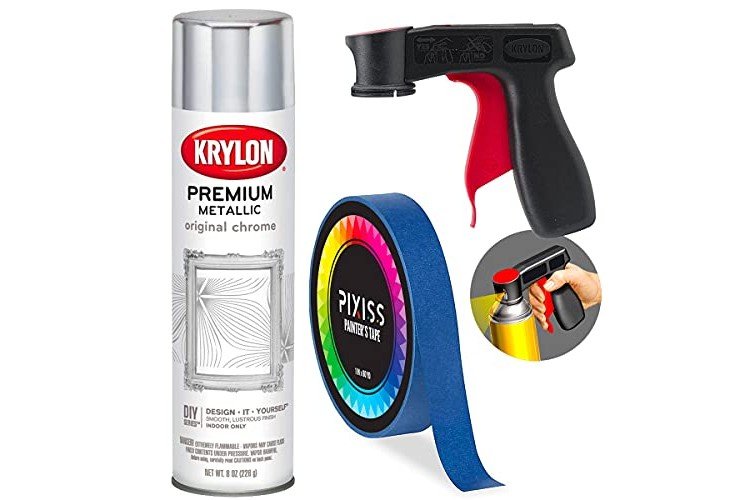 Krylon Chrome Metallic Spray Paint Silver 8-Ounce, Snap and Spray Paint Can Handle Sprayer Tool, Pixiss Blue Multi-Surface Painters Tape
