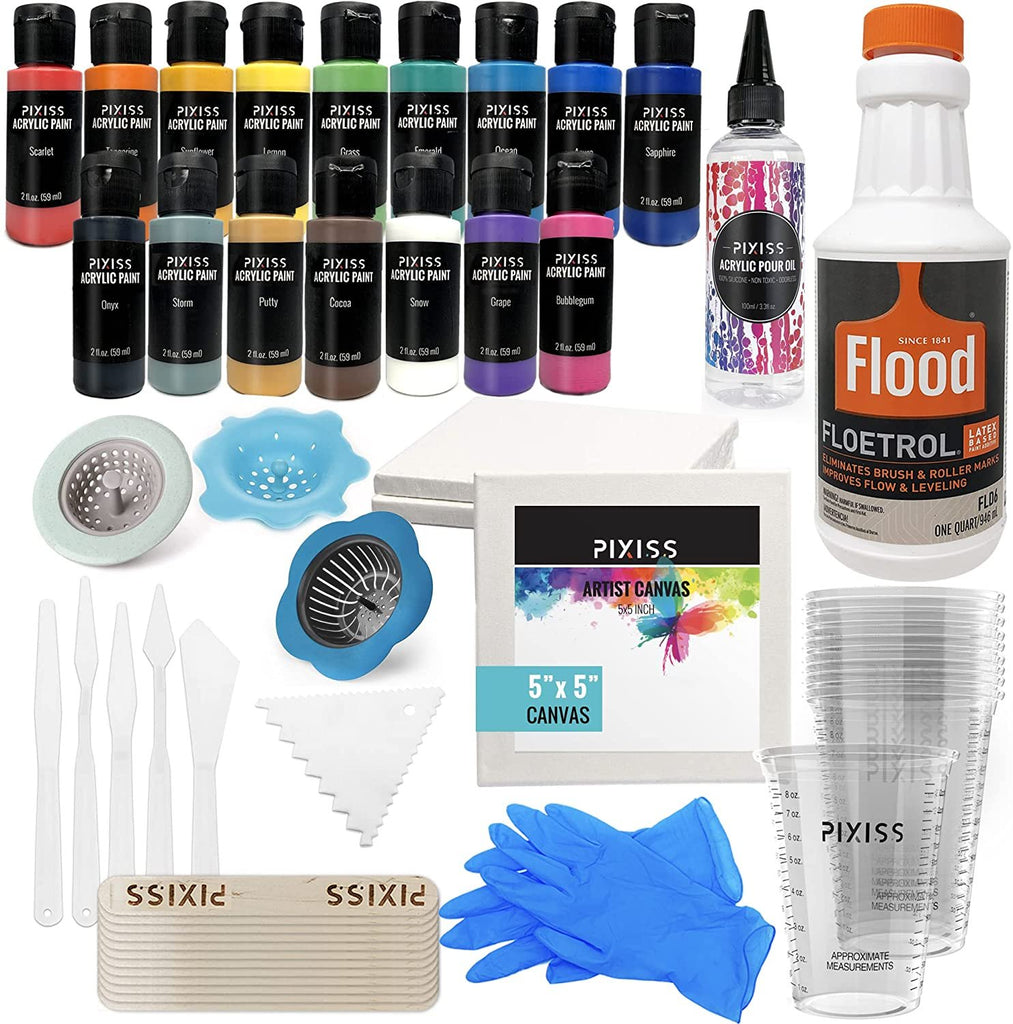 Acrylic Paint Pouring Kit - Floetrol Pouring Medium for Acrylic Paints,  Cups, 16x 2-Ounce Acrylic Paints, 6x Canvases, Pixiss Acrylic Pouring Oil