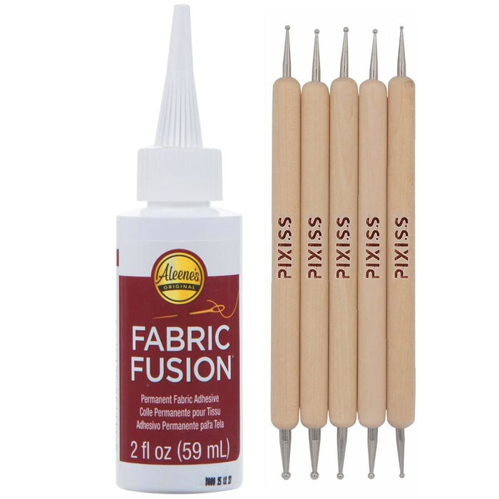 Fabric Fusion Fabric Glue Permanent Clear Washable 2oz for Patches, Rug Glue, Clothing Glue, No Sew Fabric Glue with Pixiss Art Dotting Stylus Pens 5 pcs Set