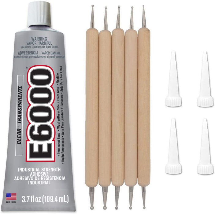 Bundle - E6000 3.7 Ounce (109.4mL) Tube Industrial Strength Adhesive for Crafting, 4 Snip Tip Applicator Tips and Pixiss Art Dotting Stylus Pens 5 pcs Set