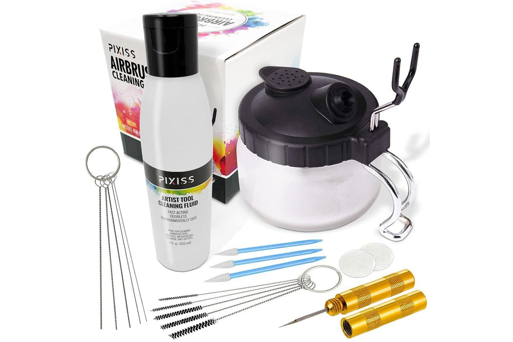 Airbrush Cleaning Kit Brush Cleaner Solution - Airbrush Clean Pot Glass Cleaning Jar with Holder, Air Brush Cleaner and Thinner, 5pc Cleaning Needles, 5pc Cleaning Brushes, 1 Wash Needle, 2 Filters