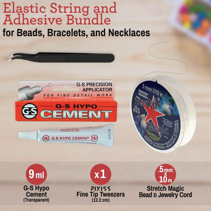 GS Hypo Cement Glue for Jewelry Making (9 ml) with Stretch Magic Cord (.5mm x 10m) and Precision Tweezers - Jewelry Making Tools, Elastic String and Adhesive Bundle for Beads, Bracelets, and Necklaces