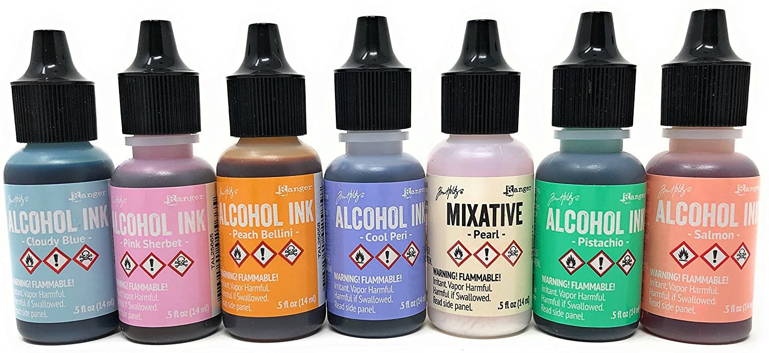 Alcohol Ink Set 7 Bottle Collection of Ranger Tim Holtz Alcohol Inks for Paper, Resin Epoxy Tinting, Petri Dish Making, 15ml/0.5-Ounce Alcohol Based Ink Each, Vibrant Colors and Metallic Mixitives