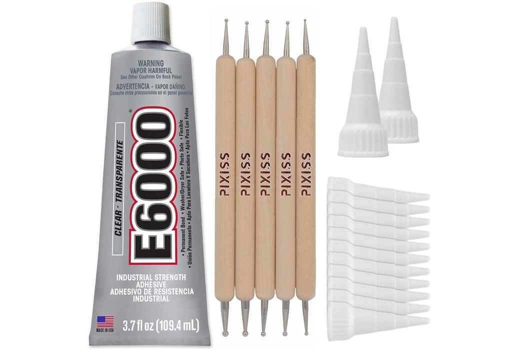 E6000 3.7 Ounce (109.4mL) Tube Industrial Strength Adhesive for Crafting, 4 Snip Tip Applicator Tips and Pixiss Art Dotting Stylus Pens 5 pcs Set