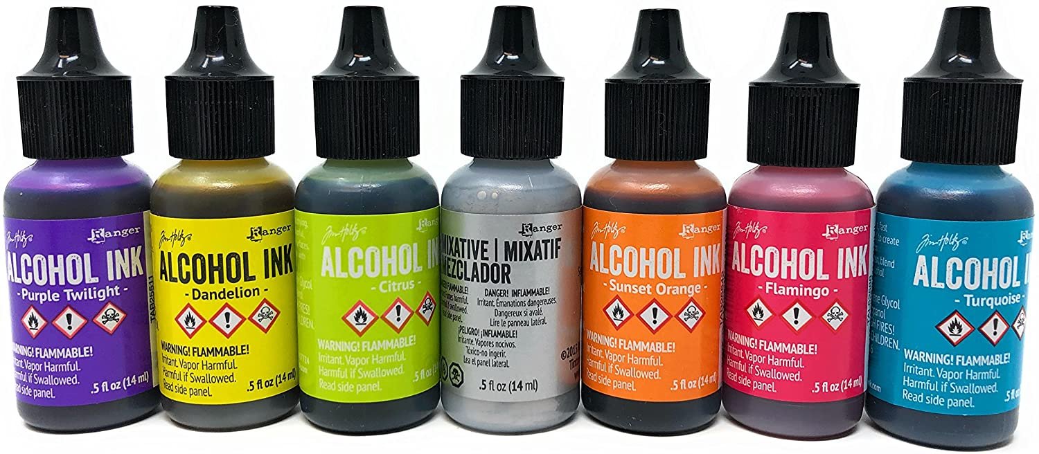 Alcohol Ink Set 7 Bottle Collection of Ranger Tim Holtz Alcohol Inks for Paper, Resin Epoxy Tinting, Petri Dish Making, 15ml/0.5-Ounce Alcohol Based Ink Each, Vibrant Colors and Metallic Mixitives