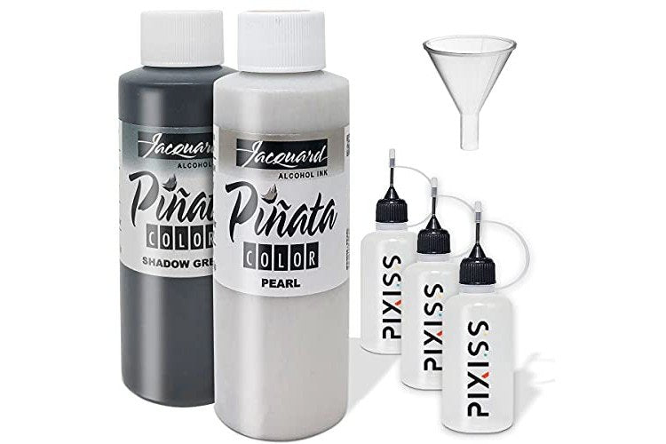 Jacquard Pinata Pearl and Shadow Grey Colors (4-Ounce Bottles), 3 Pixiss 20ml Needle Tip Applicator and Refill Bottles and 1.5 inch Funnel Bundle for Yupo and Resin