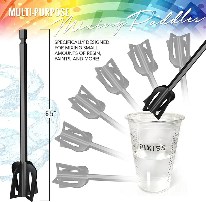 Resin Mixer Epoxy Mixer Paddles - 20 Graduated Mixing Cups & 3 Reusable Pixiss Multipurpose Bidirectional Paint Stirrer for Drill Epoxy & Paint Mixer Drill Attachment - Paint Stirrers Epoxy Stirrer