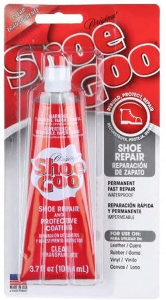 Black Shoe Goo Repair Adhesive for Fixing Worn Shoes or Boots, Black, 3.7 Ounce (109.4mL), 4 Snip Tip Applicator Tips and Pixiss Spreader Tools Set.