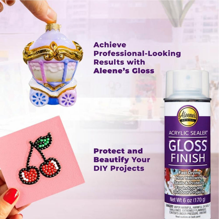 Aleene's Gloss Acrylic Sealer Spray (2-pack, 6oz.) with Attachable Spray Can Nozzle Handle - Sprayer and 2 Cans of Gloss Finish for Acrylic Painting - Clear, Glossy, Water Proof Spray Sealant