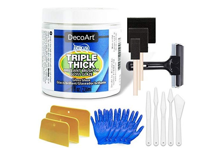 Triple Thick Gloss Glaze Jar by DecoArt, 8-Ounce, Pixiss Accessory Kit with Brayer, Gloves, Spreaders, Brushes