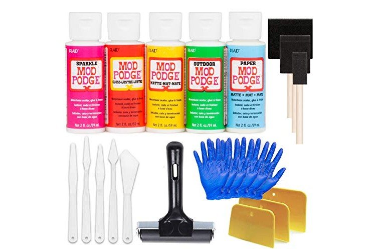 Mod Podge Waterbase Sealer, Glue and Finish Starter Pack with Sparkle, Gloss, Matte, Outdoor and Paper (2-Ounces each), Pixiss Accessory Kit with Brayer, Brushes, Gloves, Spreaders