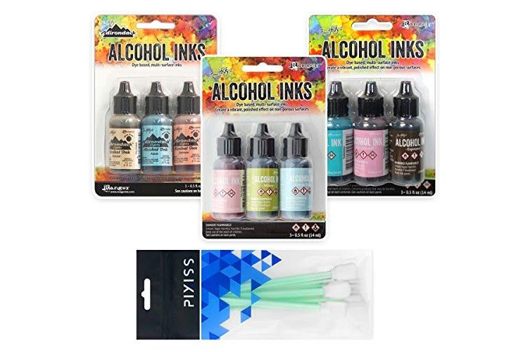 Ranger Tim Holtz Alcohol Ink Set, 24 Pack Assorted Colors .5oz Alcohol Ink  Blending Solution Premium Brush Set for Alcohol Ink Paper 1 Mini Spray