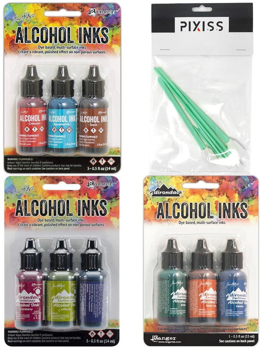 Ranger Alcohol Ink 3-Packs Rodeo, Tuscan Garden, Rustic Lodge with Pixiss Blending Tool Bundle