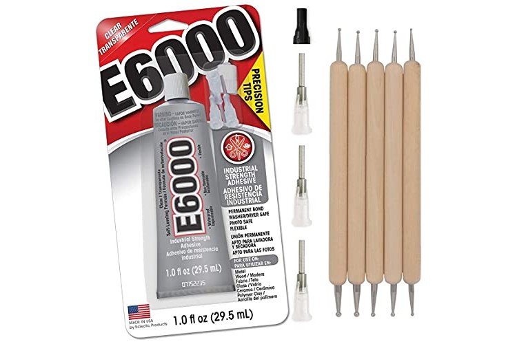 E6000 1-Ounce Tube with Precision Tips Industrial Strength Adhesive for Crafting and Pixiss Wooden Art Dotting Stylus Pens 5 pcs Set - Rhinestone Applicator Kit