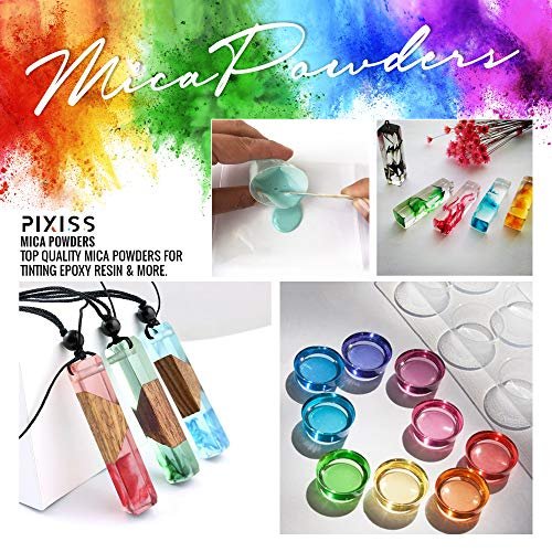Pixiss Epoxy Resin Mixing Kit Supplies, 15 Resin Tinting Mica Powder Pigments, for Soap Making Kit, Slime Supplies, Resin Jewelry, Casting Resin, Epoxy Mixing Cups Sticks, Silicone Cups and More