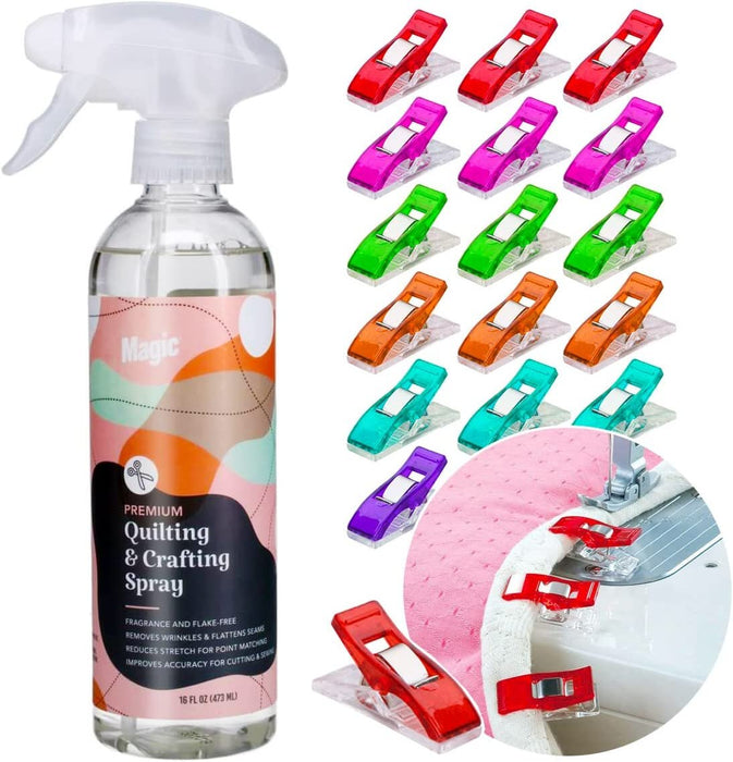 Magic Spray for Quilting & Crafting - Eliminates Odors & Wrinkles - Magic Sizing Ironing Spray & Fabric Spray - Magic Fabric Spray for Cutting, Creasing, & Sewing - 25 Fabric Sewing Clips