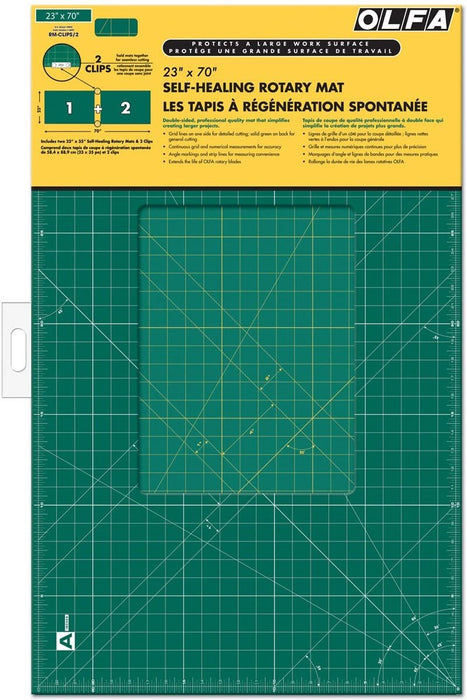 OLFA 23" x 70" Connecting Grid Rotary Cutting Mat Set (RM-CLIPS/2) - Self Healing Double Sided 23x70 Inch Cutting Mat with Grid for Fabric & Sewing, Designed for Use with Rotary Cutters (Green)