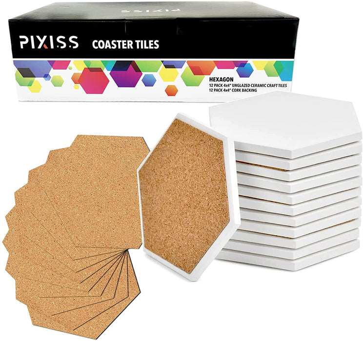 Ceramic Tiles for Crafts Coasters,12 Hexagon White Tiles Unglazed 4-Inches  with Cork Backing Pads, for Alcohol Ink or Acrylic Pouring, DIY Make Your