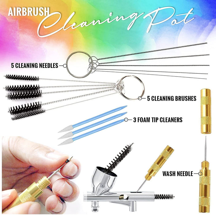 Airbrush Cleaning Kit Brush Cleaner Solution - Airbrush Clean Pot Glass Cleaning Jar with Holder, Air Brush Cleaner and Thinner, 5pc Cleaning Needles, 5pc Cleaning Brushes, 1 Wash Needle, 2 Filters