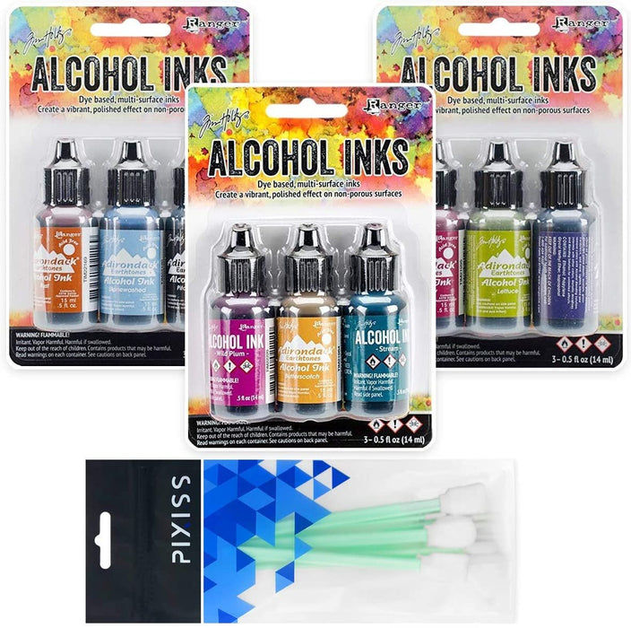 Ranger Tim Holtz Alcohol Inks Bundle 2, Farmers Market, Miners Lantern, Nature Walk, 10X Pixiss Ink Blending Tools